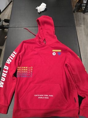 Brooklyn Cloth Red Graphic Pullover Hoodie with Travel Prints